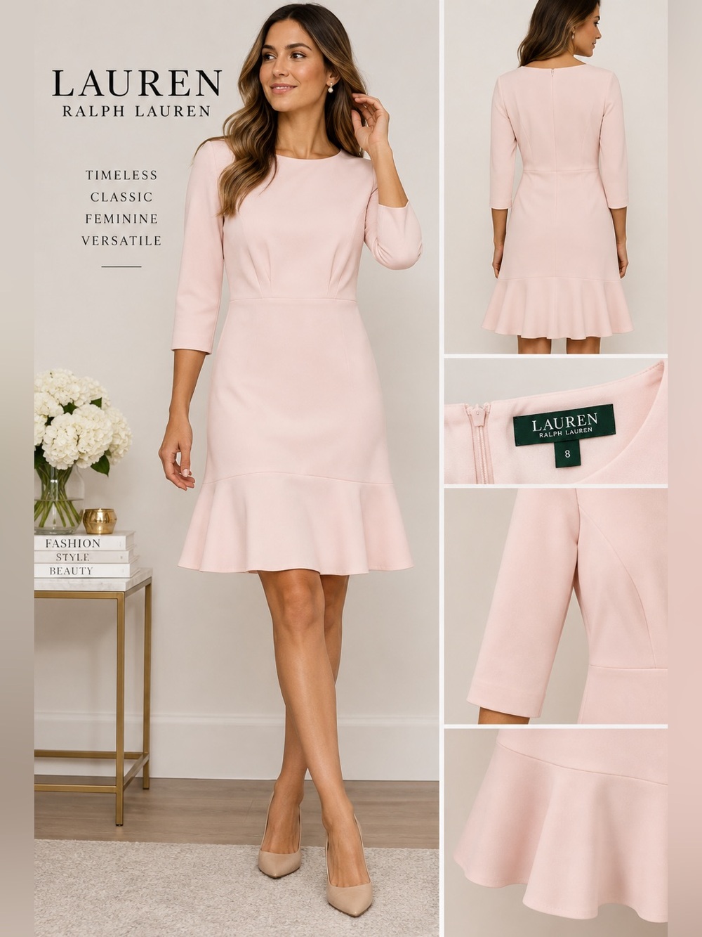 Lauren Ralph Lauren Soft Blush 3/4 Sleeve Fit-and-Flare Dress🌸
